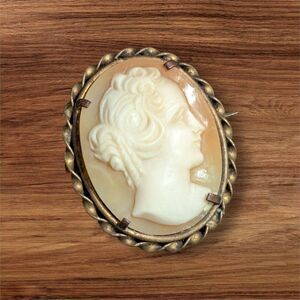 Vintage Cameo Brooch With Hand-Carved Shell Portrait & Brass-Tone Frame